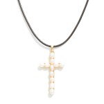 Wholesale simple Leather Braided Necklace Pearl Studded Cross Pendant L Extender