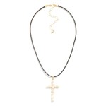 Wholesale simple Leather Braided Necklace Pearl Studded Cross Pendant L Extender