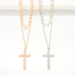 Layered Chain Link Necklace With Pearl Stations and Pearl Cross Pendant

- Approximately 20" L
- Extender 3" L