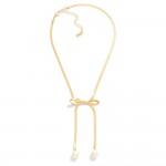 Metal Tone Herringbone Chain Link Bow Necklace With Pearl Details 

- Approximately 14" L
- Extender 3" L