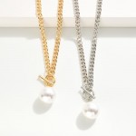 Chain Link Necklace Featuring Toggle Clasp & Pearl Pendant 

- Approximately 18" L