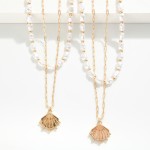 Layered Paperclip Chain Link Necklace Featuring Pearls & Shell Pendant 

- Approximately 16" L
- Extender 3" L