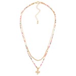 Wholesale layered Beaded Chain Link Necklace Dainty Bead Cross Pendant L Extende
