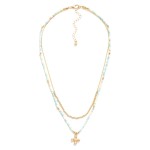 Wholesale layered Beaded Chain Link Necklace Dainty Bead Cross Pendant L Extende