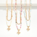 Wholesale layered Beaded Chain Link Necklace Dainty Bead Cross Pendant L Extende