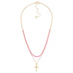 Wholesale layered Chain Link Beaded Necklace Dainty Ball Cross Pendant L Extende