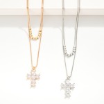 Wholesale layered Box Chain Necklace Metal Beads Cubic Zirconia Cross Pendant L