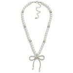 Wholesale pearl Beaded Necklace Metal Tones Rhinestone Studded Bow Pendant L Ext