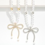 Wholesale pearl Beaded Necklace Metal Tones Rhinestone Studded Bow Pendant L Ext