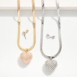 Wholesale herringbone Chain Necklace Puffy Pearl Pave Heart Pendant Metal Ball S