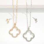 Wholesale metal Paperclip Chain Necklace Hollow Rhinestone Studded Clover Pendan