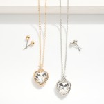 Wholesale chain Link Necklace Rhinestone Heart Pendant Metal Ball Stud Earrings