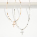 Wholesale pearl Faceted Bead Beaded Necklace Cubic Zirconia Cross Pendant L Exte