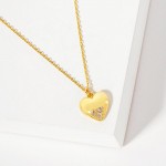 Wholesale dainty Chain Link Necklace Metal Textured Heart Pendant Cubic Zirconia
