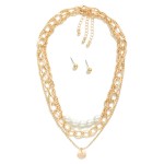 Wholesale set Three Metal Chain Link Necklace Pearls Metal Stud Earrings Metal S