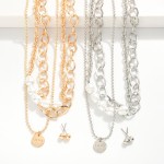 Wholesale set Three Metal Chain Link Necklace Pearls Metal Stud Earrings Metal S