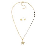 Paperclip Chain Link Necklace Featuring Acetate Beads & Pave Rhinestone Star Pendant 

- Metal Tone Star Stud Earrings Included
- Approximately 18" L
- Extender 3" L