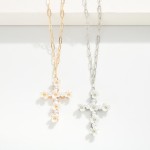Wholesale paperclip Chain Link Necklace Pearl Flower Studded Cross Pendant L Ext