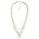 Wholesale layered Chain Link Necklace Pearls Hammered Metal Circle Pendant L Ext