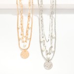 Wholesale layered Chain Link Necklace Pearls Hammered Metal Circle Pendant L Ext