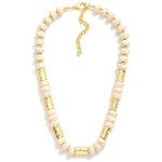 Large Cracked Stone Disk & Hammered Metal Tube Beaded Necklace 

- Approximately 16" L
- Extender 3" L