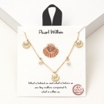Dainty Chain Link Necklace Featuring Metal Tone Shell & Pearl Charms 					
					
- Approximately 16" L					
- Extender 2" L					
- Made in Korea					
- Hypoallergenic Brass Base					
- 18K Gold Dipped			
		
- Card: "What is behind us and what is before us are tiny matters compared to what is within us."					