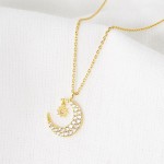 Wholesale dainty Chain Link Necklace Cubic Zirconia Moon Stars Pendant L Extende