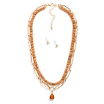 Layered Chain Link & Natural Stone Beaded Necklace Featuring Enamel Teardrop Pendant 

- Metal Tone Ball Stud Earrings Included
- Approximately 16" L
- Extender 3" L