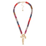 Wholesale rainbow Stone Beaded Necklace Metal Fish Sea Creatures Pendant L Exten