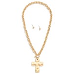 Wholesale metal Chain Link Necklace Gold Hammered Cross Pendent Toggle Clasp L M