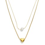 Wholesale layered Chain Link Necklace Metal Puffy Heart Pearl Pendants Stainless
