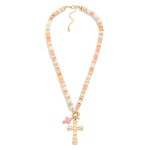 Wholesale stone Disk Beaded Necklace Stone Hammered Crosses Pendant L Extender L