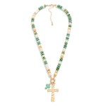 Wholesale stone Disk Beaded Necklace Stone Hammered Crosses Pendant L Extender L