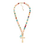 Wholesale stone Disk Beaded Necklace Stone Hammered Crosses Pendant L Extender L