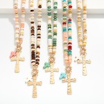 Wholesale stone Disk Beaded Necklace Stone Hammered Crosses Pendant L Extender L