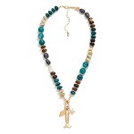 Wholesale marbled Acetate Stone Beaded Necklace Metal Fish Shell Pendant L Exten