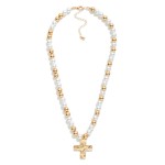 Wholesale pearl Metal Beaded Necklace Hammered Cross Pendant L Extender L