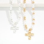 Wholesale pearl Metal Beaded Necklace Hammered Cross Pendant L Extender L