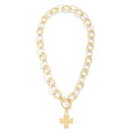 Hammered Metal Chain Link Necklace With Plus Cross Pedant & Toggle Clasp 

- Approximately  16" L