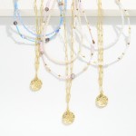 Wholesale layered Chain Link Beaded Necklace Hammered Metal Pearl Medallion Pend