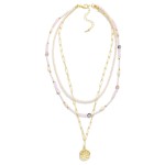 Wholesale layered Chain Link Beaded Necklace Hammered Metal Pearl Medallion Pend
