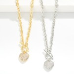 Wholesale chain Link Necklace Cubic Zirconia Pave Heart Pendant Toggle Clasp Gol