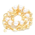 Wholesale set Three Beaded Chain Link Bracelets Pearl Metal Tones D