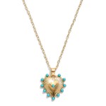 Wholesale chain Link Necklace Ribbed Metal Heart Pendant Turquoise Stud Details