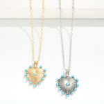 Wholesale chain Link Necklace Ribbed Metal Heart Pendant Turquoise Stud Details