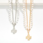 Wholesale layered Metal Chain Link Necklace Pearls Metal Tones Pus Cross Pendant