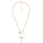Wholesale metal Paperclip Chain Link Necklace Cross Pendant Rhinestones L Extend