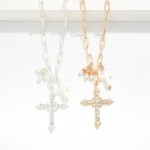 Wholesale metal Paperclip Chain Link Necklace Cross Pendant Rhinestones L Extend