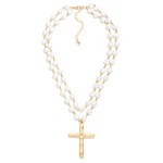 Wholesale layered Flat Pearl Link Necklace Hammered Metal Cross Pendant L Extend