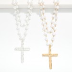 Wholesale layered Flat Pearl Link Necklace Hammered Metal Cross Pendant L Extend